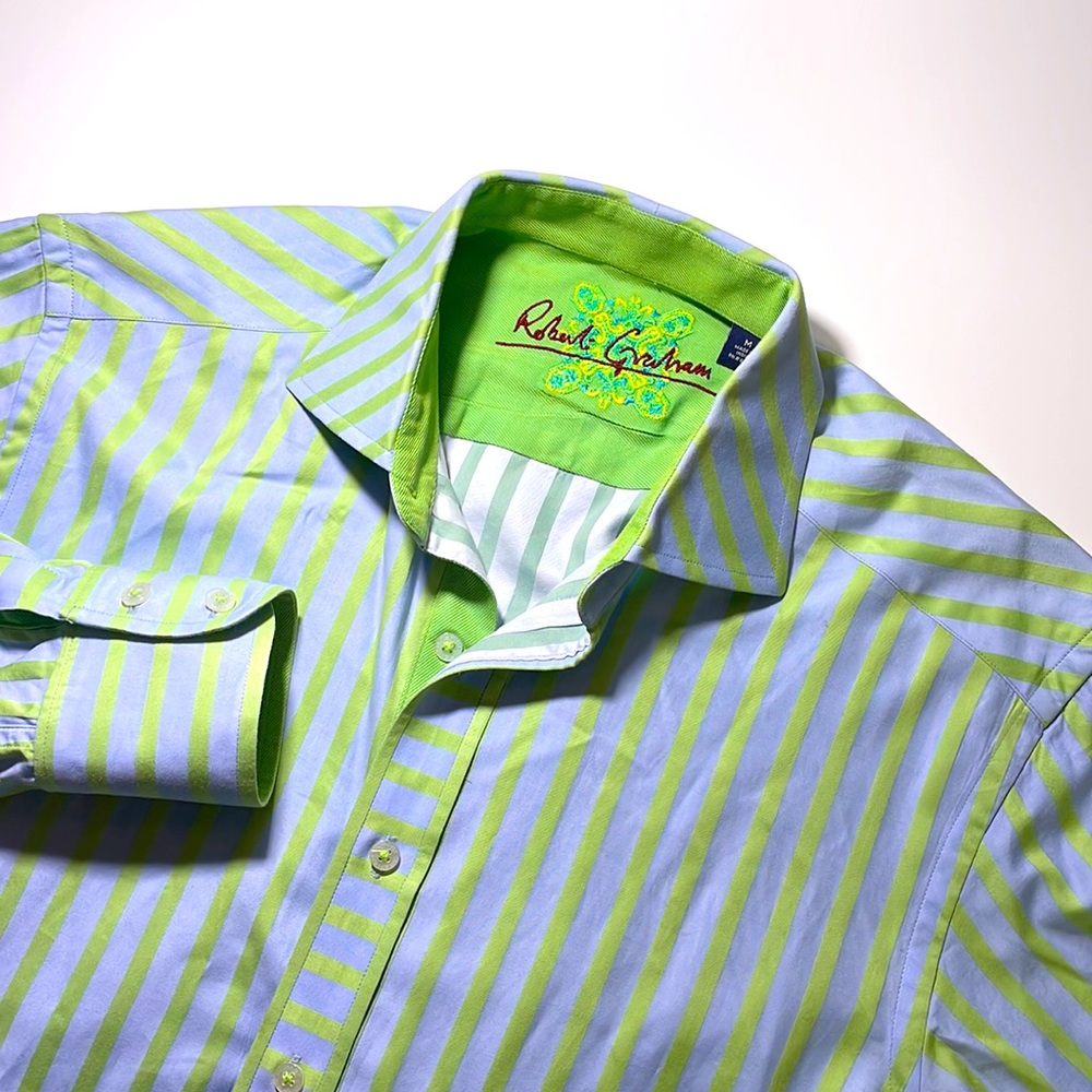Robert Graham mens M Medium lime green blue stripe button up casual shirt EUC